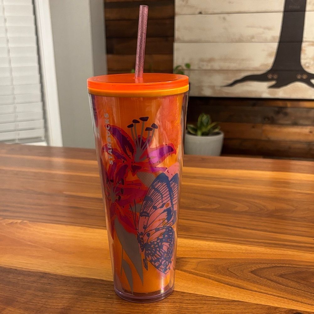 Starbucks Pink Orange Floral 24 ounce Tumbler Cup